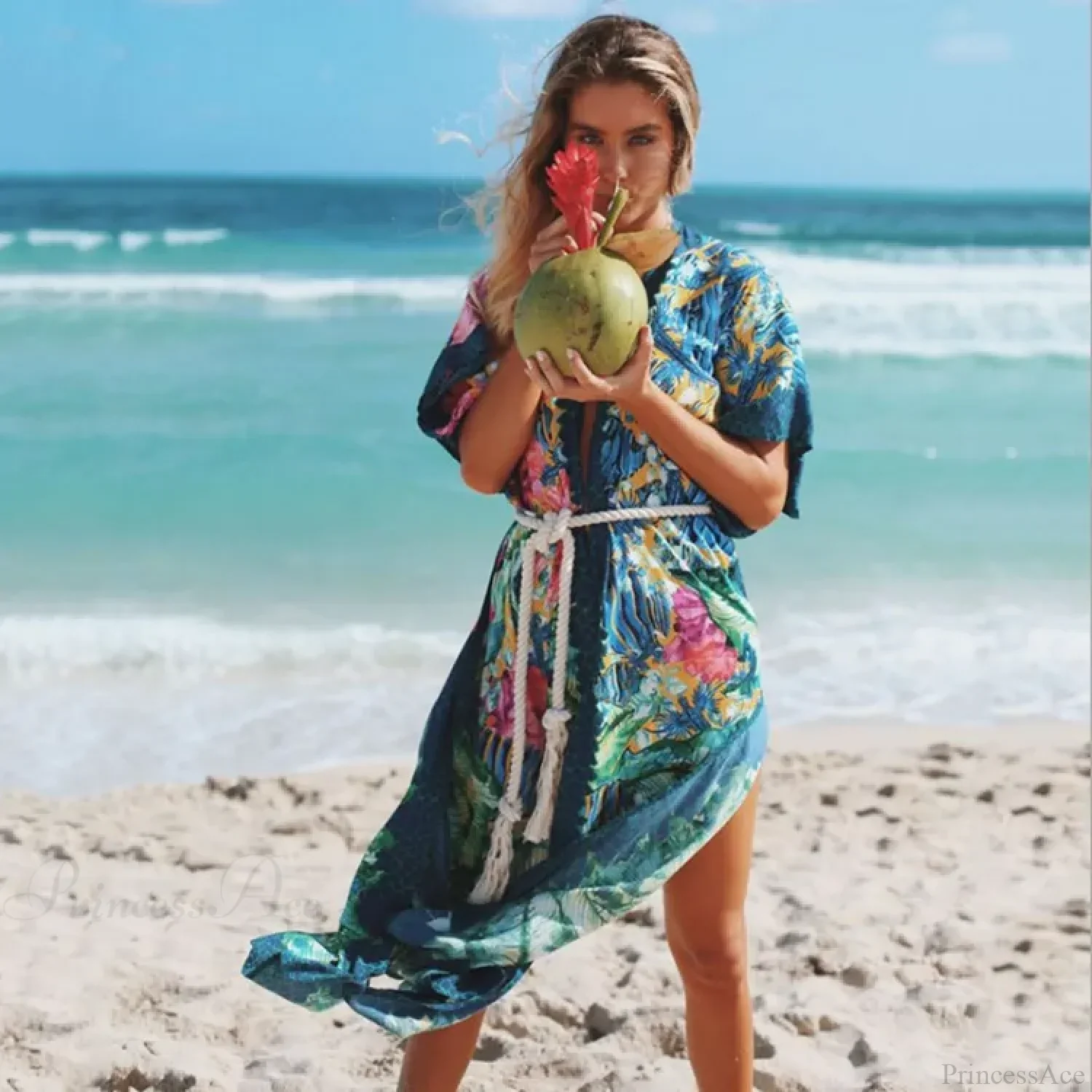 Sexy Side Split Beach Kaftan Tunic Boho Floral Print Summer Dress - Image 3