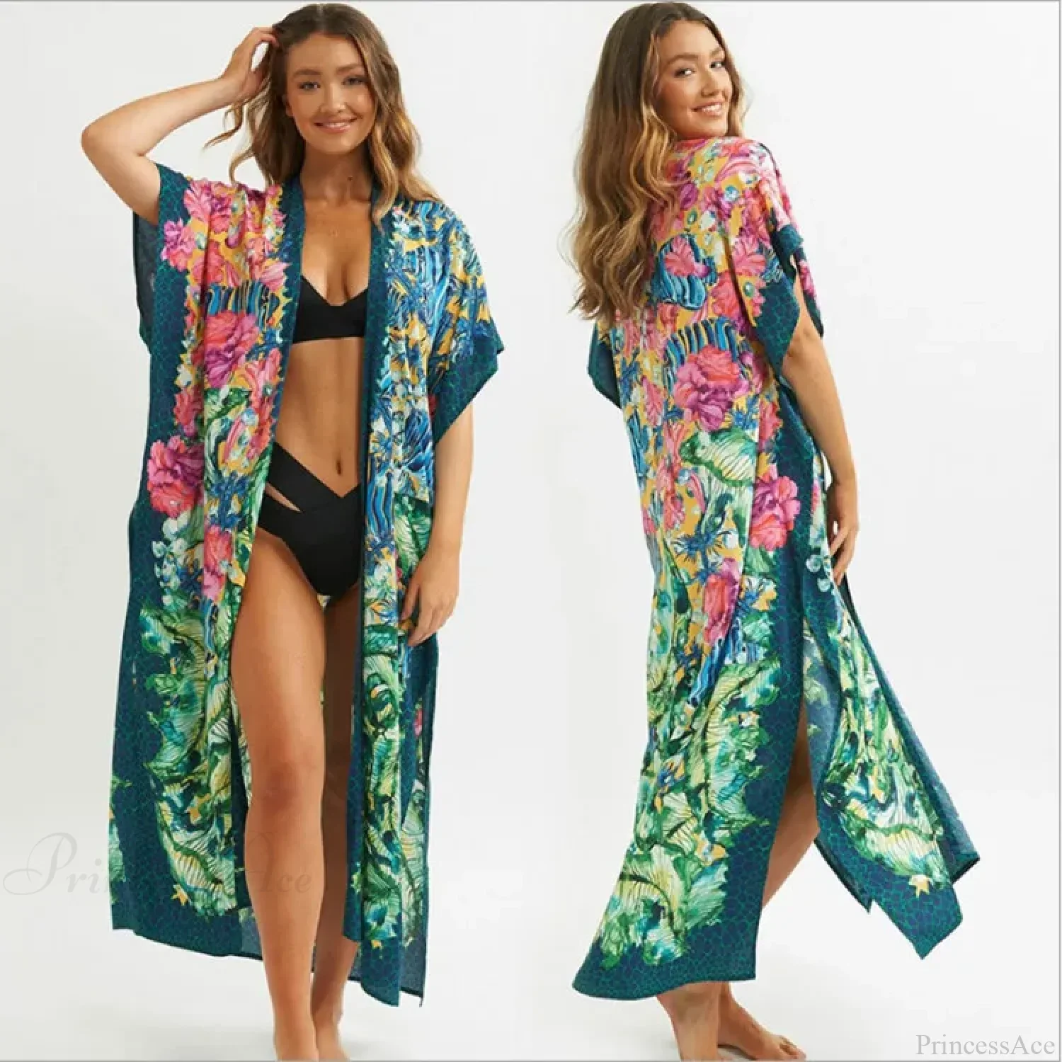 Sexy Side Split Beach Kaftan Tunic Boho Floral Print Summer Dress - Image 4