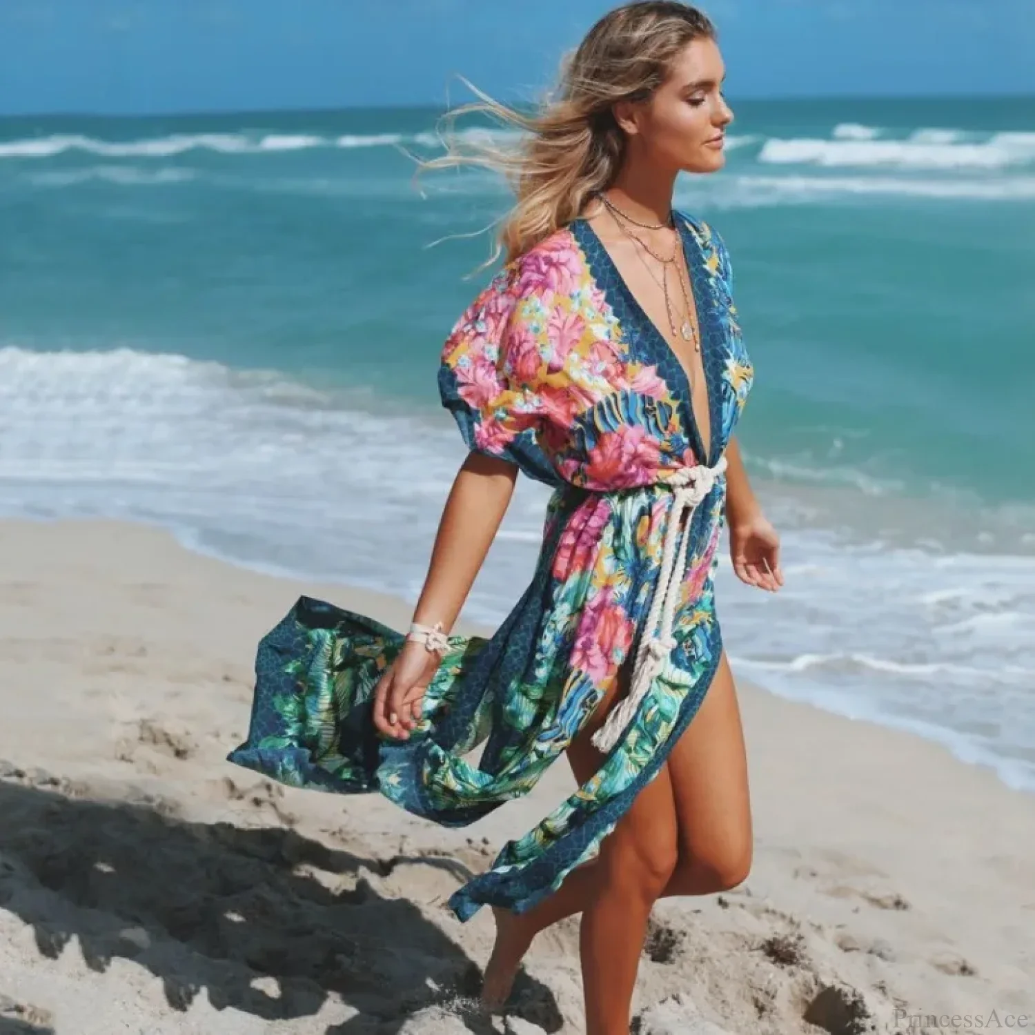 Sexy Side Split Beach Kaftan Tunic Boho Floral Print Summer Dress - Image 6