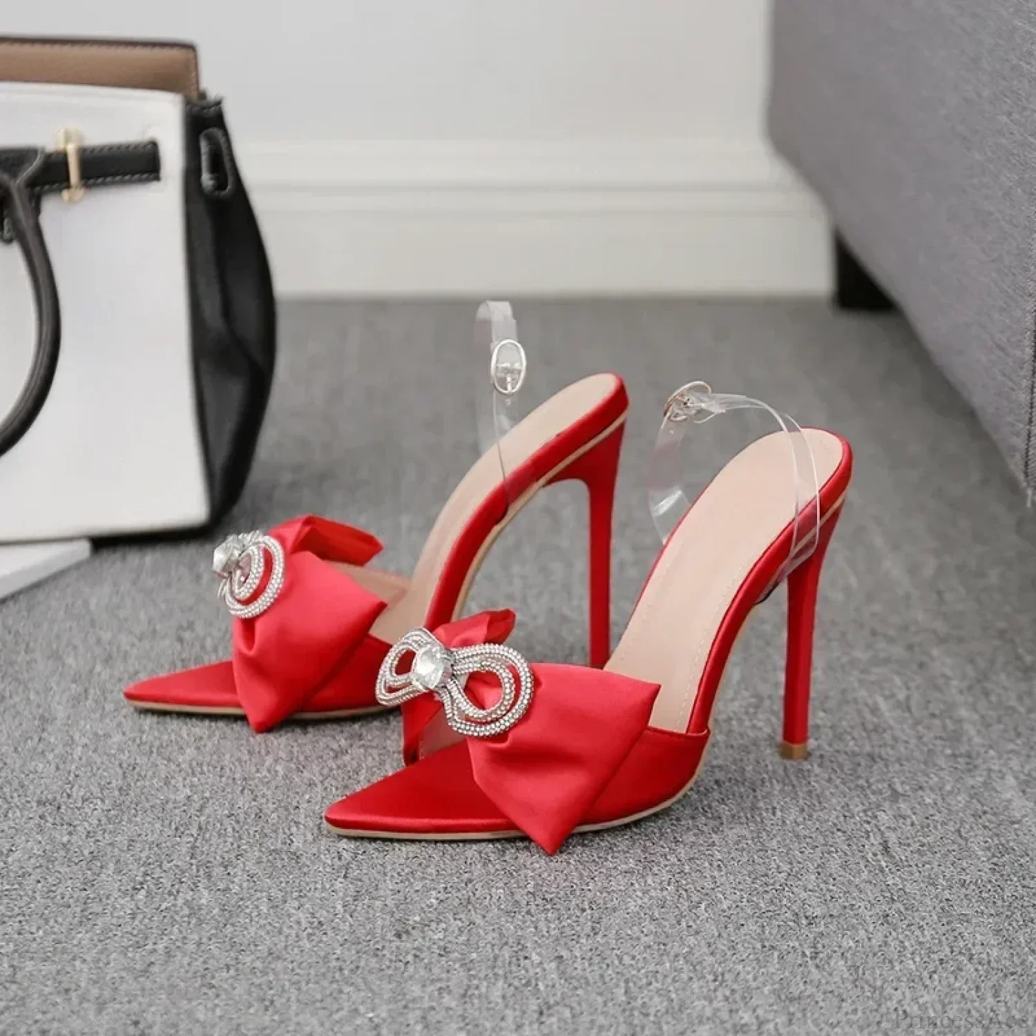 Sexy Silk Pointed Rhinestone Butterfly-knot Thin High Heel Sandals Pvc Band Ankle Buckle Banquet Wedding High Heel - Image 5