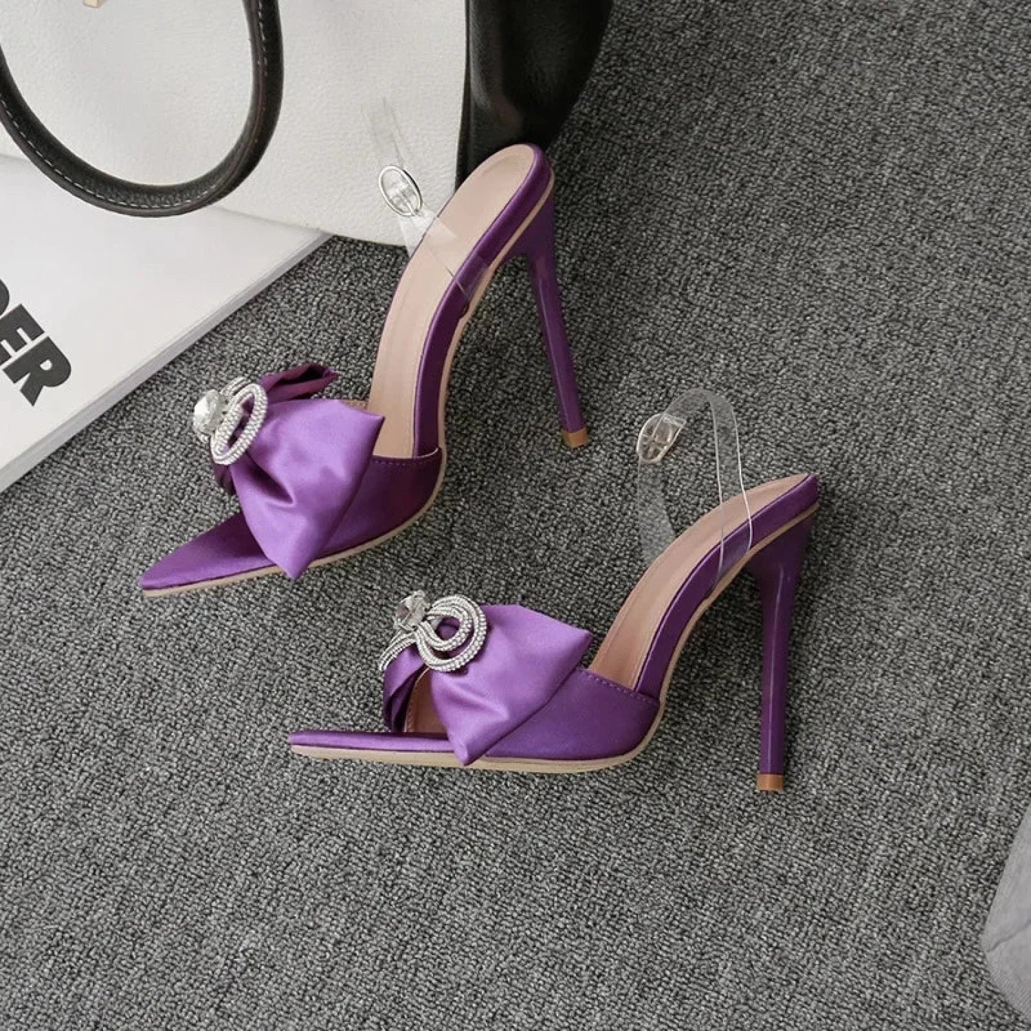 Sexy Silk Pointed Rhinestone Butterfly-knot Thin High Heel Sandals Pvc Band Ankle Buckle Banquet Wedding High Heel - Image 6