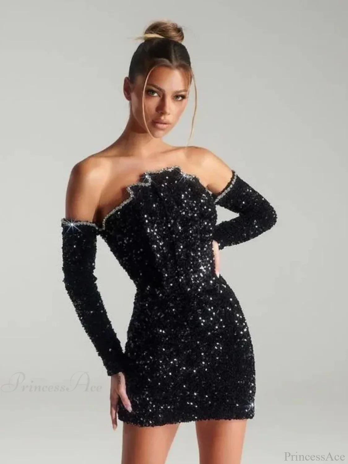 Sexy Slash Neck Long Sleeve Sparkling Sequins Dress Off Shoulder Party Dress - Image 2