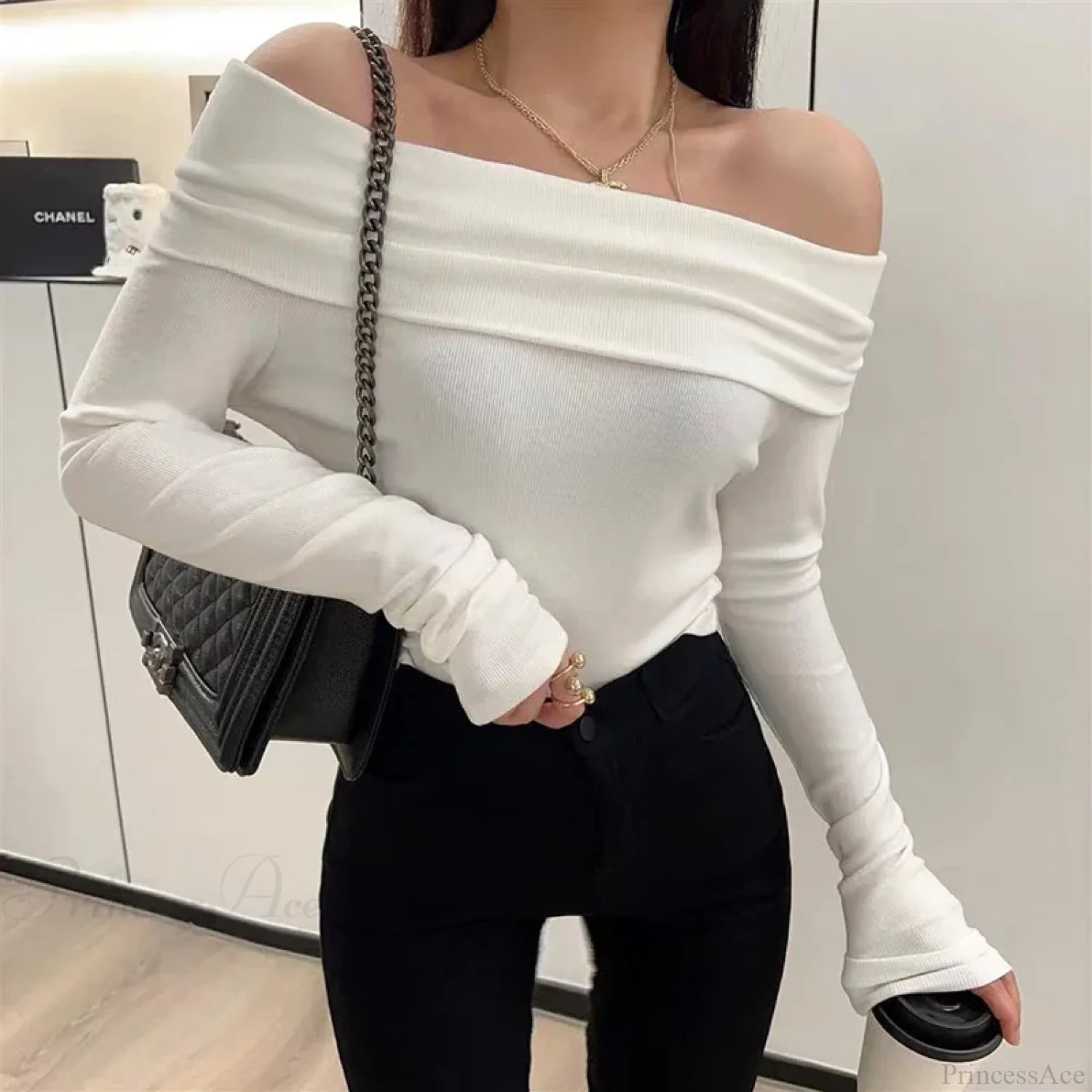 Sexy Slash Neck Pleated Knitted Sweater - Image 2