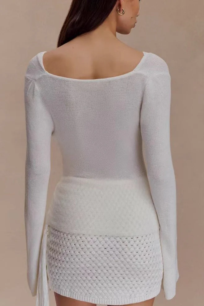 Sexy Slim-Fit Waist-Cinched Lace-Knit U-Neck Sweater - Image 2