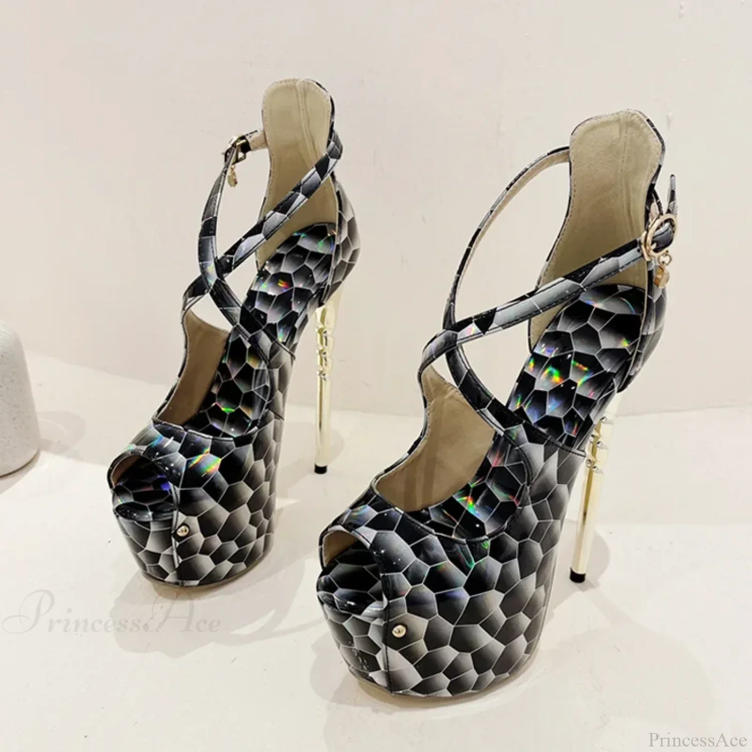 Sexy Snake-Print Platform Buckle-Strap Peep-Toe 17CM Sexy Banquet Ladies High Heel - Image 3