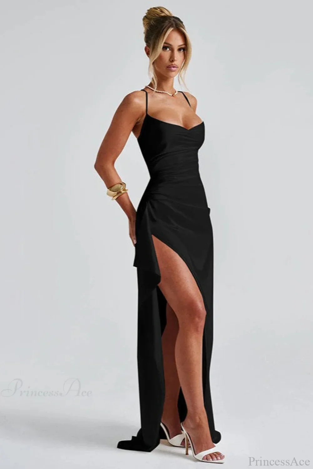 Sexy Solid Spaghetti Strap Back Tie Slit Evening Dress - Image 5