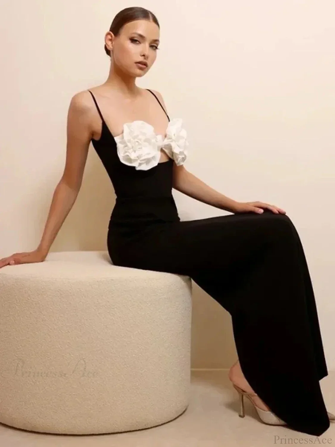 Sexy Spaghetti Strap 3D Flower Bandage Maxi Black Sleeveless Party Dress - Image 2