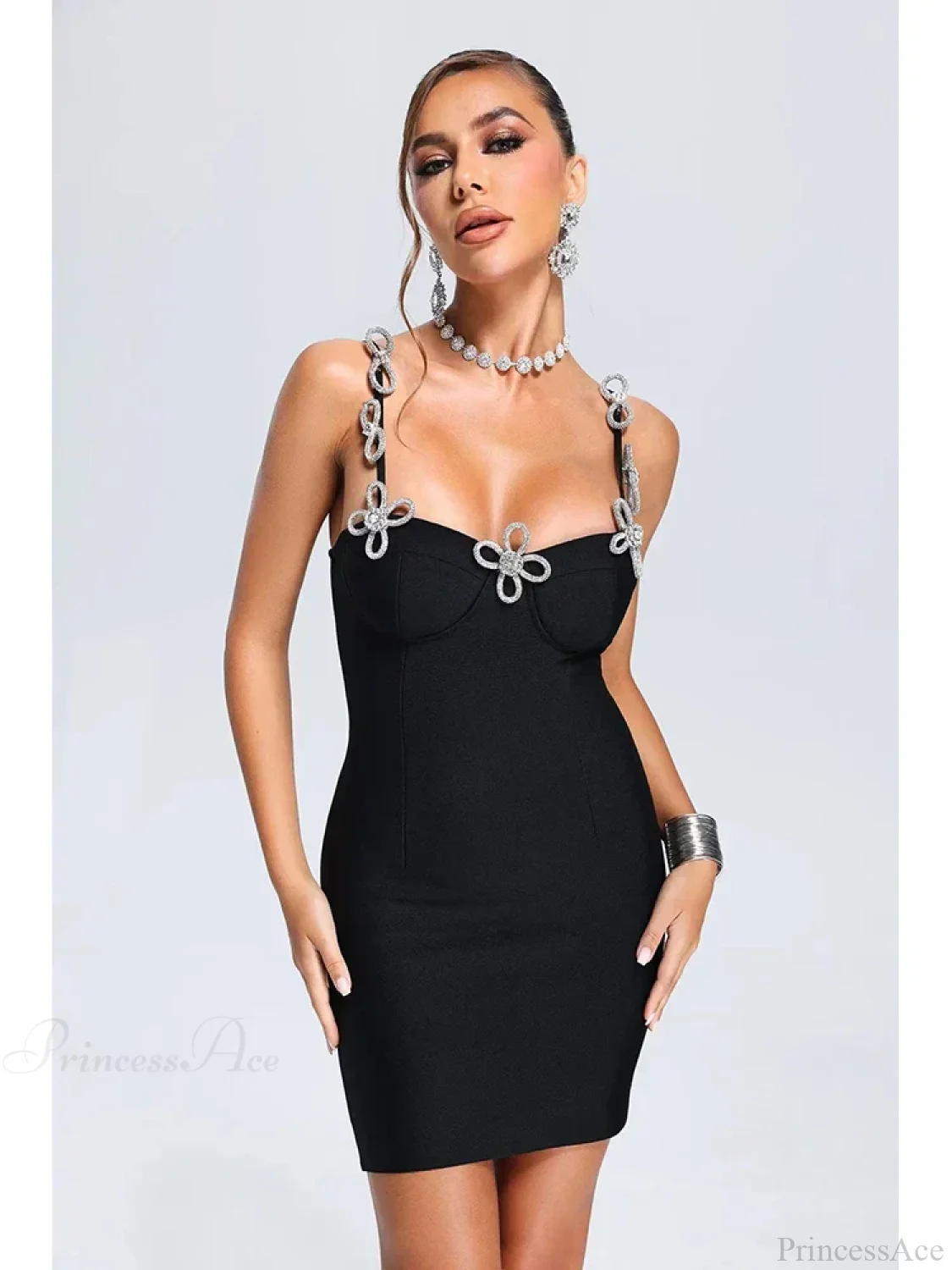 Sexy Spaghetti Strap Diamond Bow Flower Bandage Black Sleeveless Party Dress
