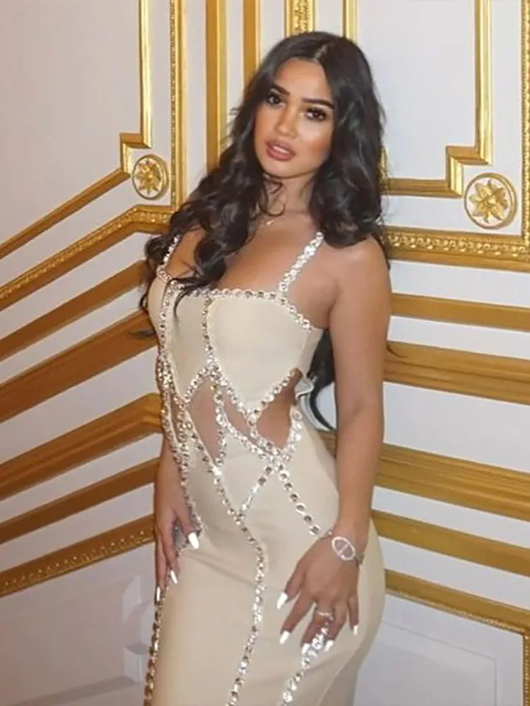 Sexy Spaghetti Strap Hollow Out Crystal Bandage Dress Sleeveless Party Dress - Image 4