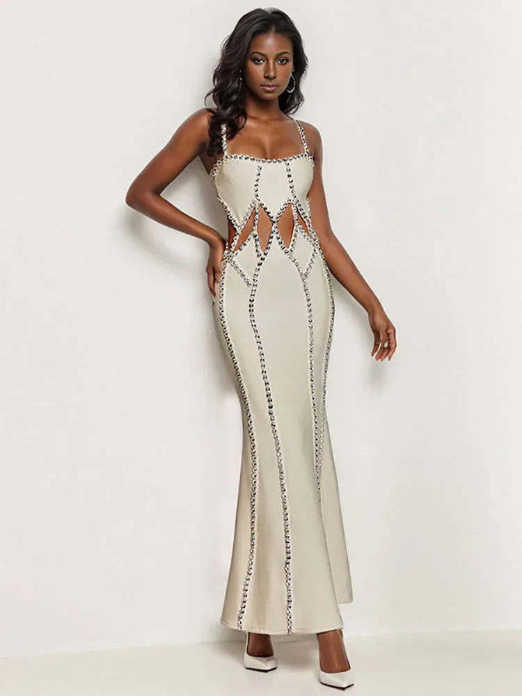 Sexy Spaghetti Strap Hollow Out Crystal Bandage Dress Sleeveless Party Dress - Image 5