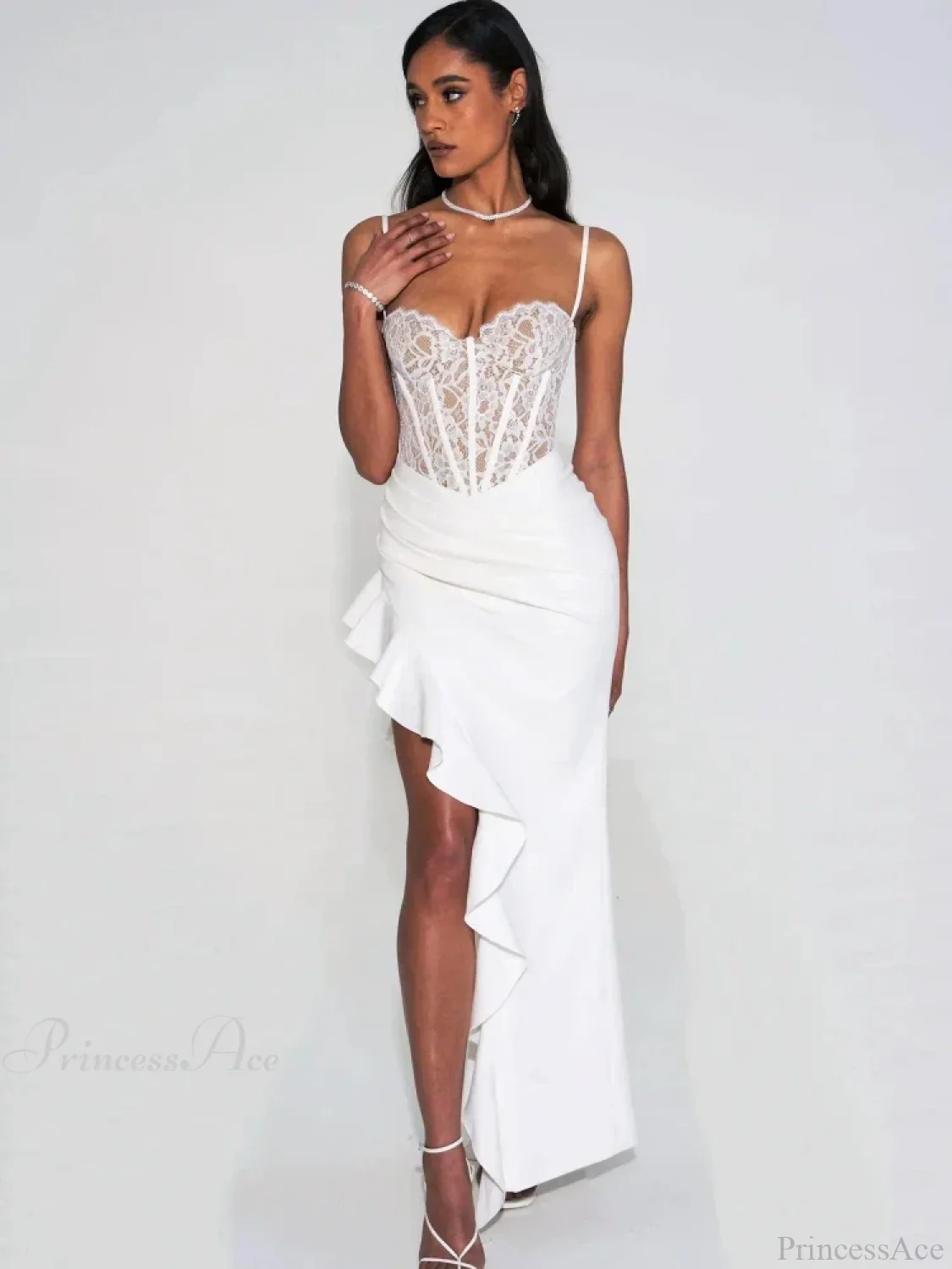 Sexy Spaghetti Strap Lace Patchwork Long Dress Sleeveless Ruffles Party Dress - Image 2