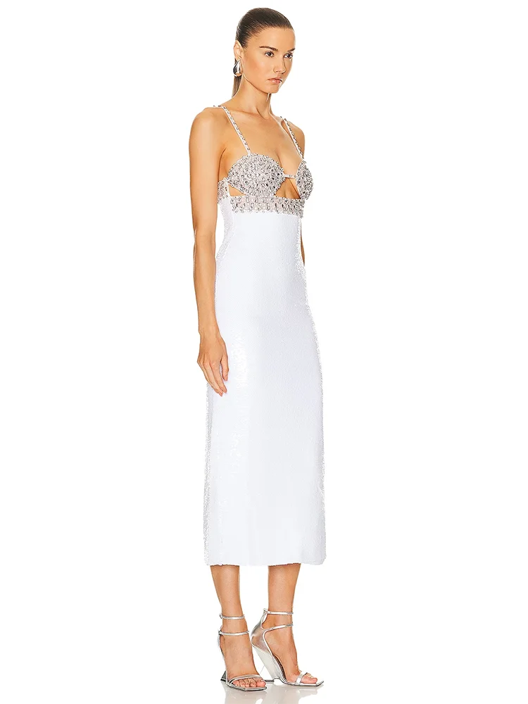 Sexy Spaghetti Strap Luxury Diamond Sequin Dress White Backless Midi Party Dress - Image 3