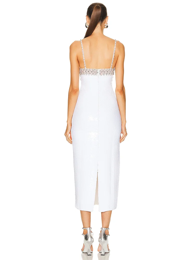 Sexy Spaghetti Strap Luxury Diamond Sequin Dress White Backless Midi Party Dress - Image 4