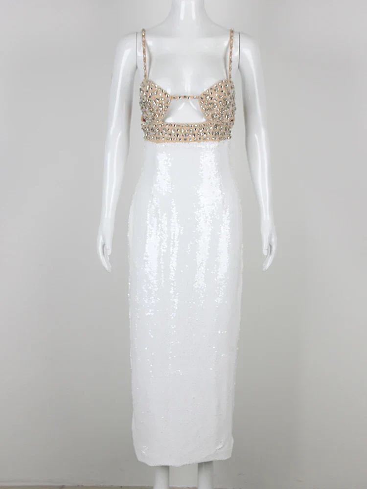 Sexy Spaghetti Strap Luxury Diamond Sequin Dress White Backless Midi Party Dress - Image 5