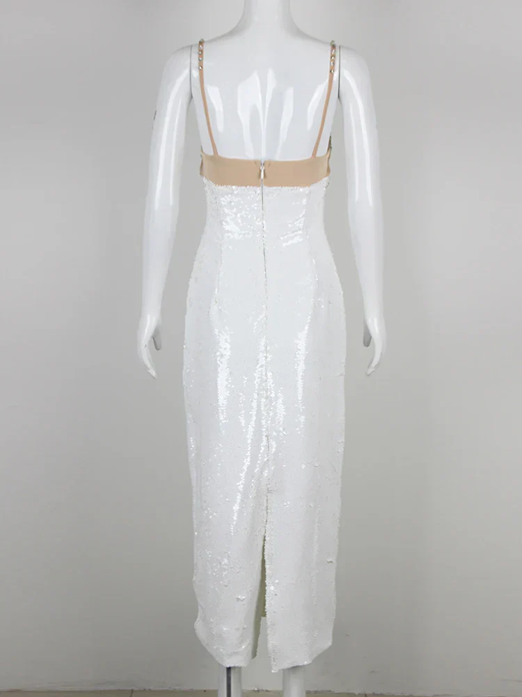 Sexy Spaghetti Strap Luxury Diamond Sequin Dress White Backless Midi Party Dress - Image 6