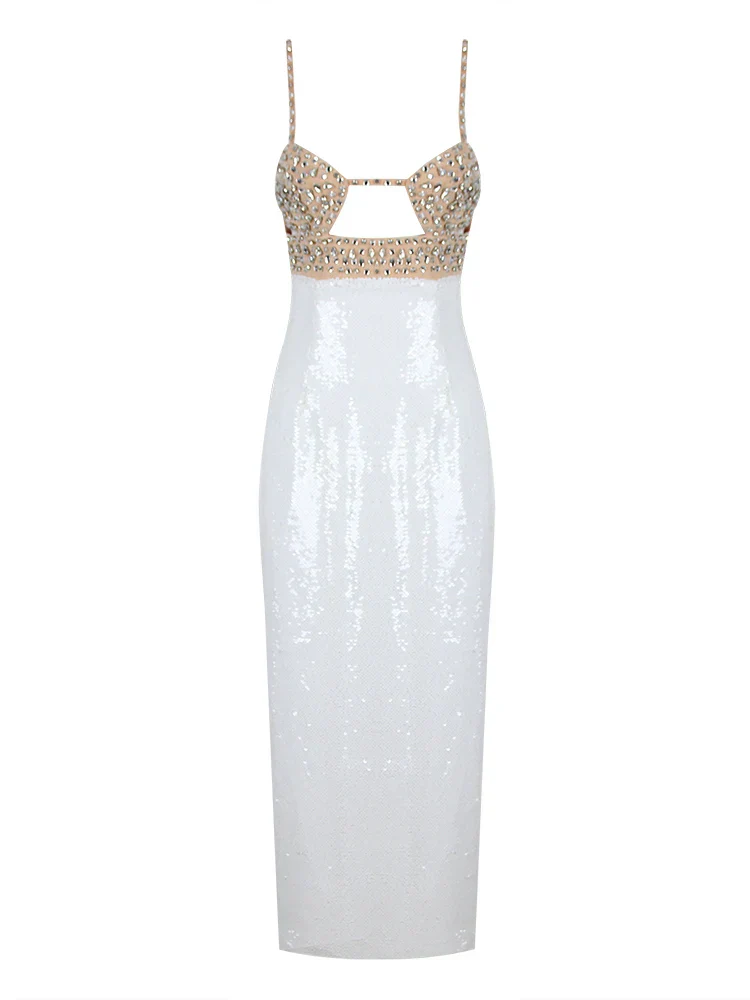 Sexy Spaghetti Strap Luxury Diamond Sequin Dress White Backless Midi Party Dress - Image 7