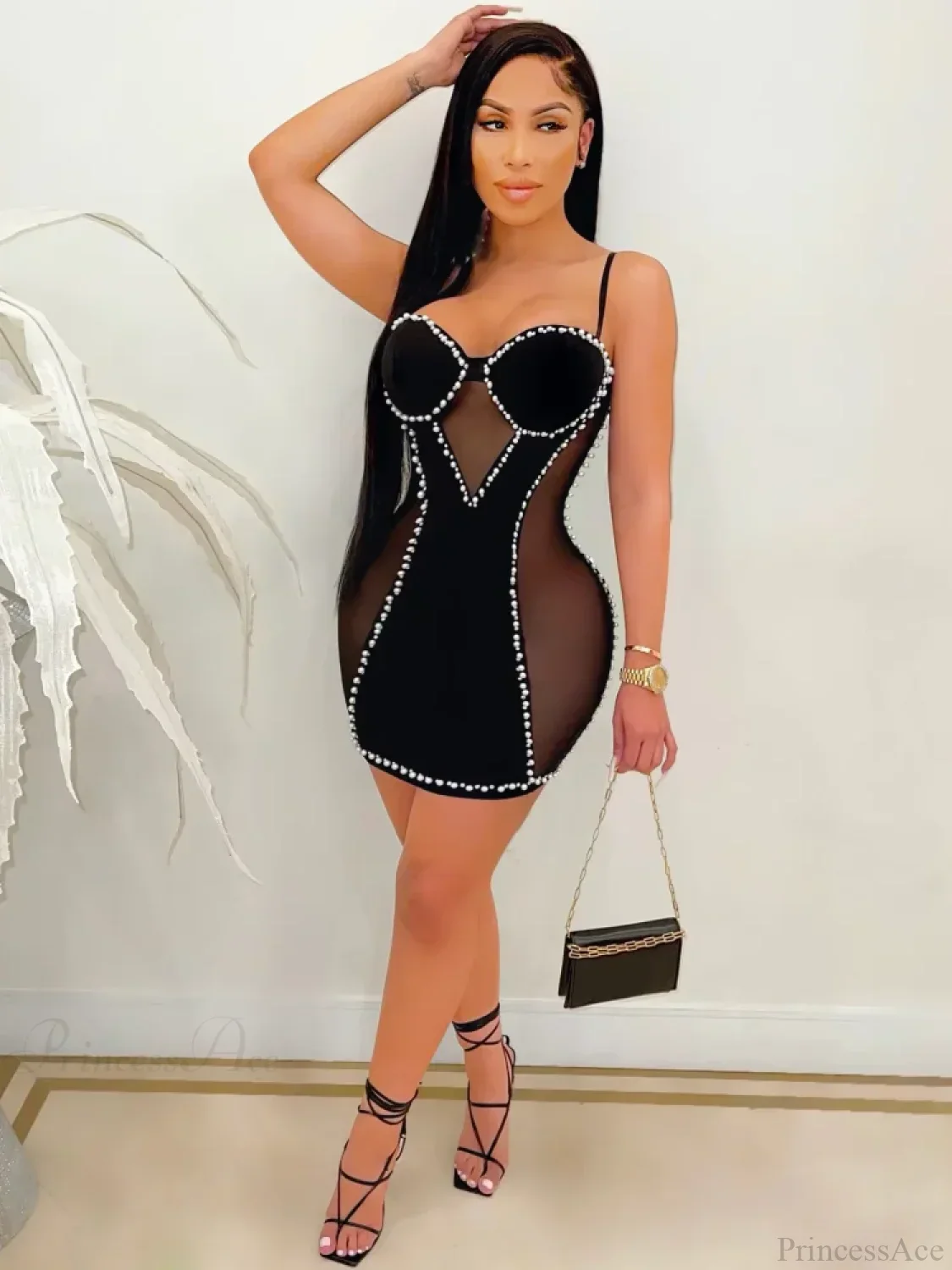 Sexy Spaghetti Strap Mesh Patchwork Pearl Mini Black Sleeveless Party Dress - Image 5