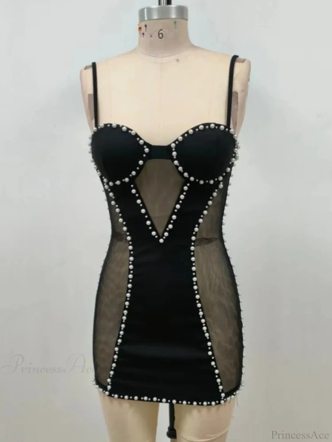Sexy Spaghetti Strap Mesh Patchwork Pearl Mini Black Sleeveless Party Dress - Image 7