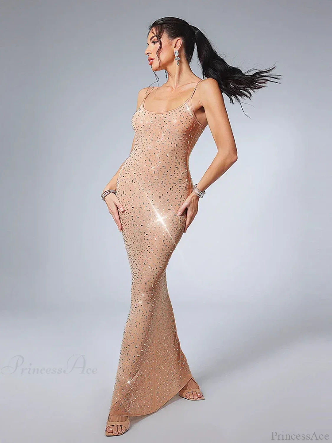 Sexy Spaghetti Strap Perspective Luxury Diamond Sleeveless See Through Party Dress