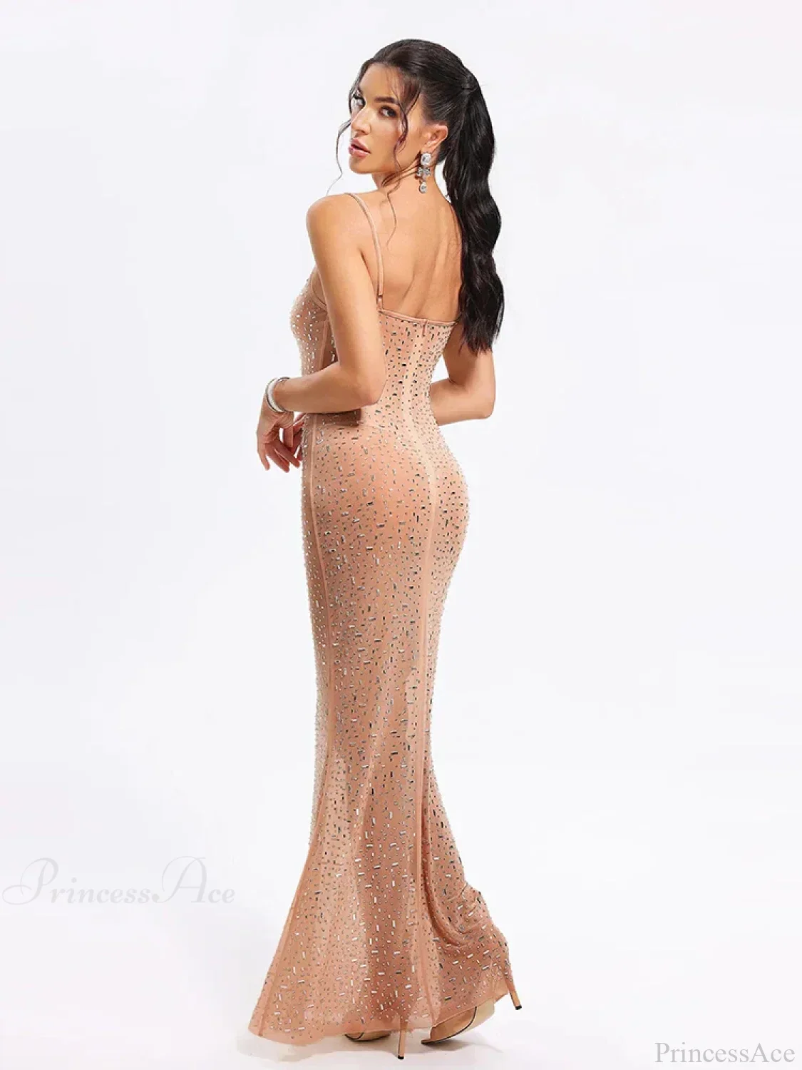 Sexy Spaghetti Strap Perspective Luxury Diamond Sleeveless See Through Party Dress - Image 3