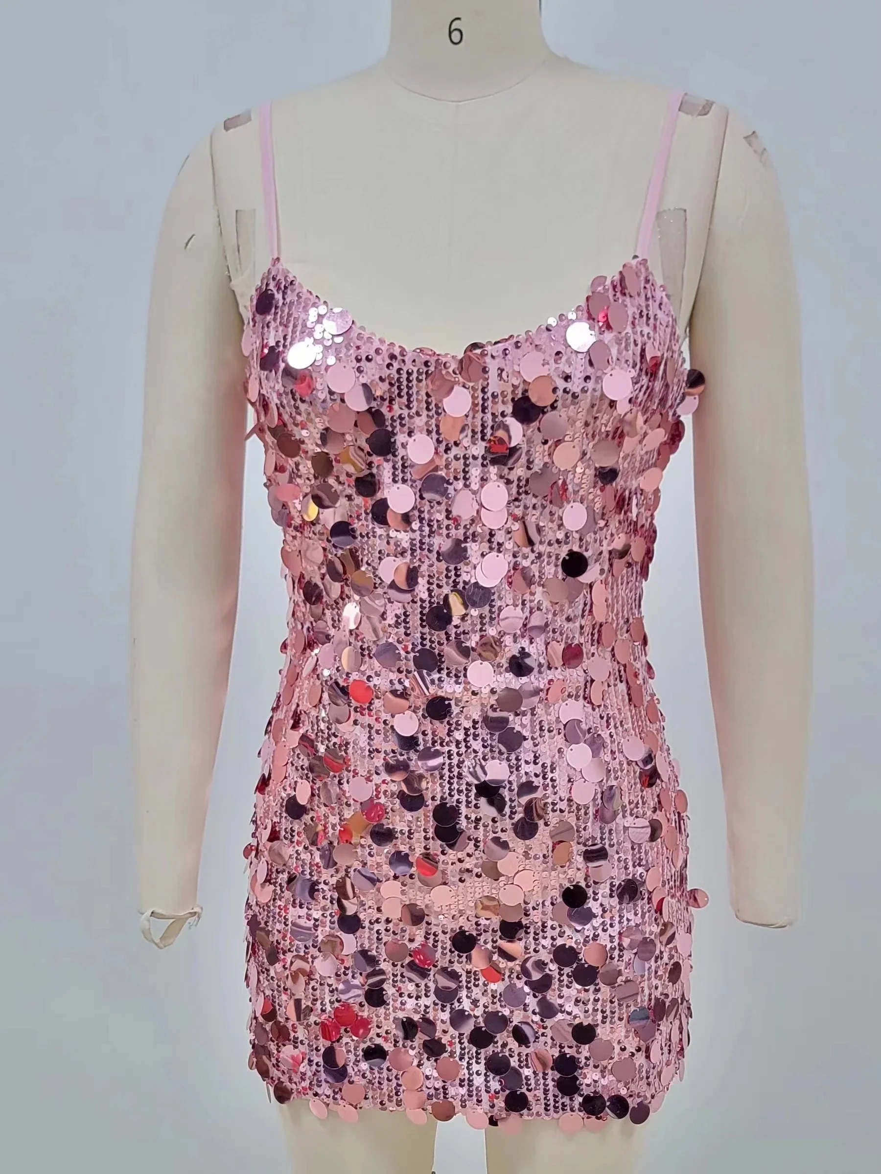 Sexy Spaghetti Strap Shiny Sequins Mini Dress Women Pink Party Dress - Image 7