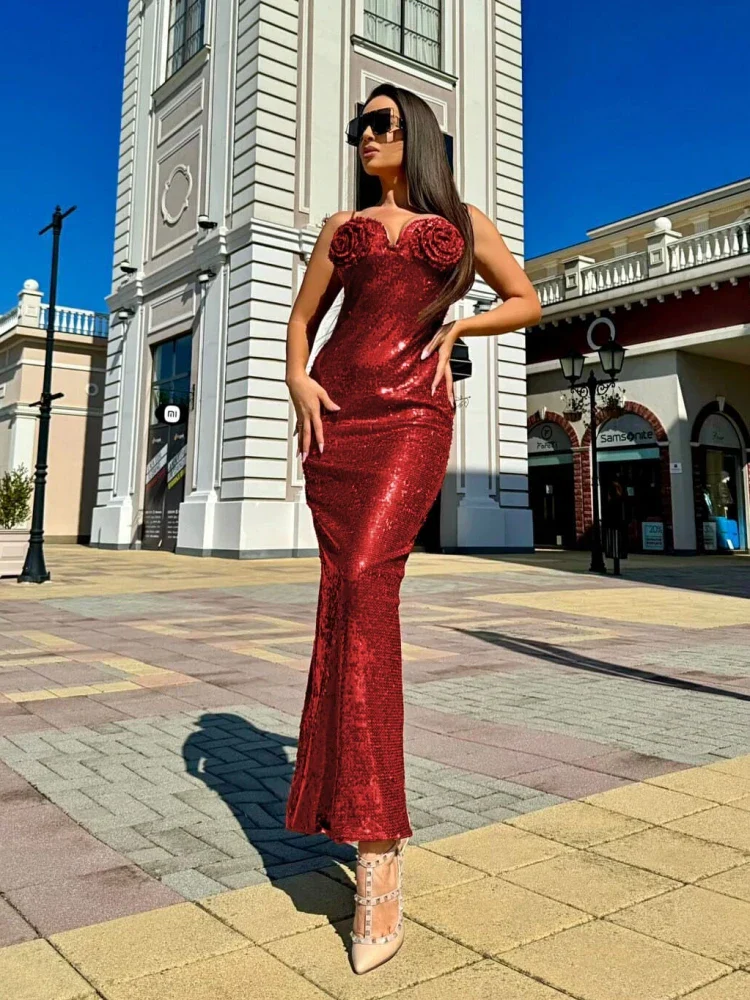 Sexy Spaghetti Straps Glitter Sequins Maxi Red Cocktail Party Dress - Image 2