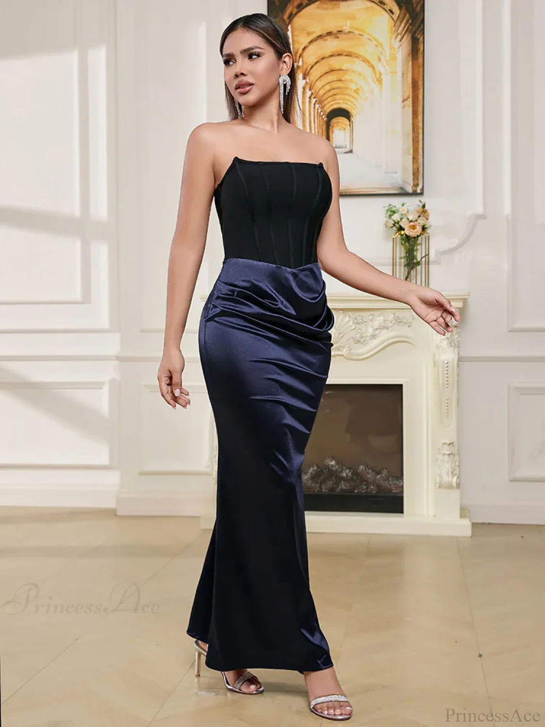 Sexy Strapless Bandage Patchwork Long Black Blue Sleeveless Party Dress - Image 3