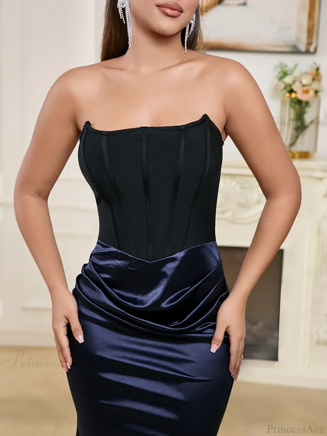 Sexy Strapless Bandage Patchwork Long Black Blue Sleeveless Party Dress - Image 6