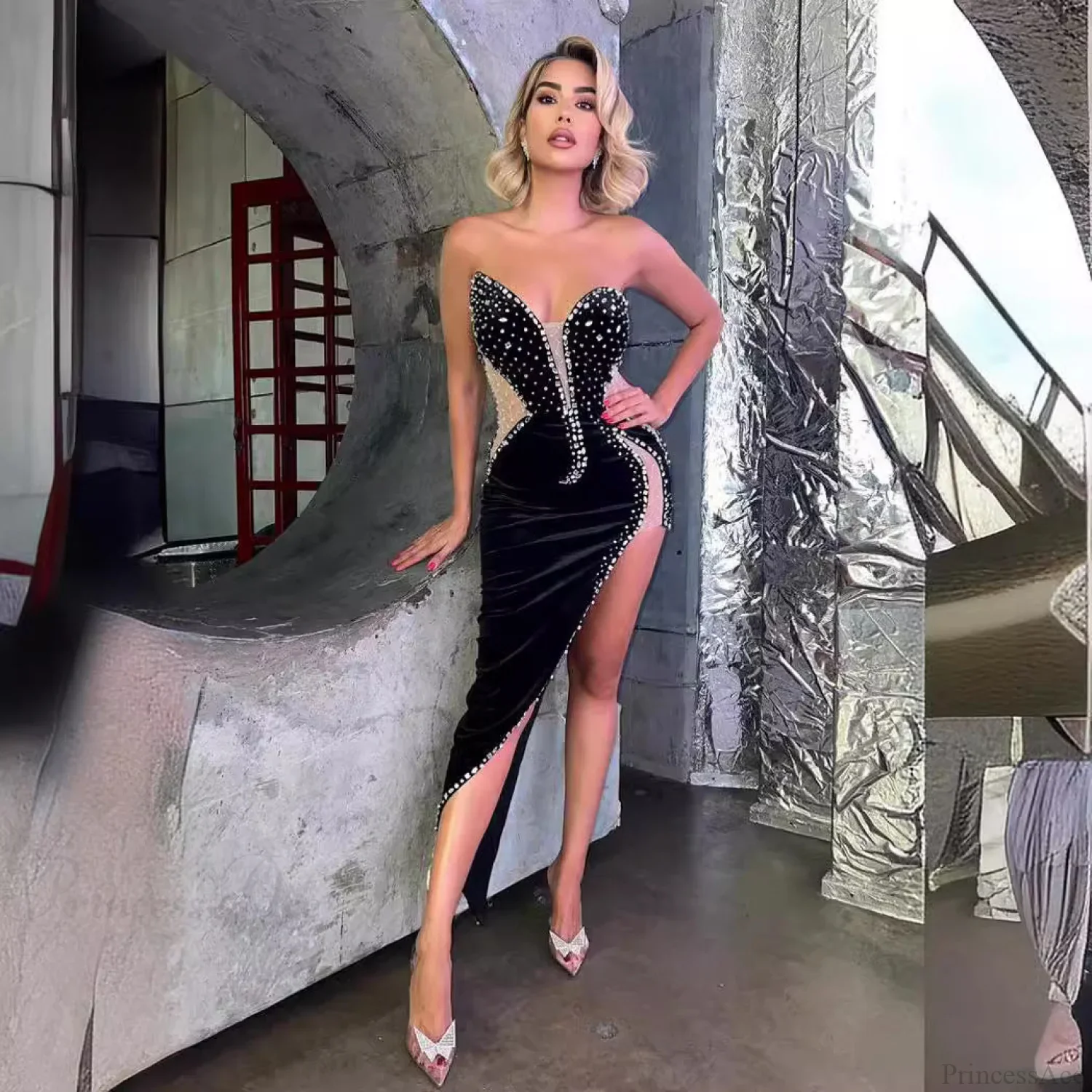 Sexy Strapless Beaded Bodycon Dress Party Prom Dress - Image 4