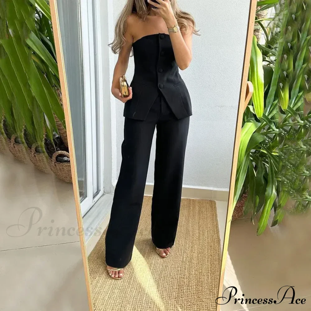 Strapless Button Top Long Pants Slim Party Sleeveless Suit