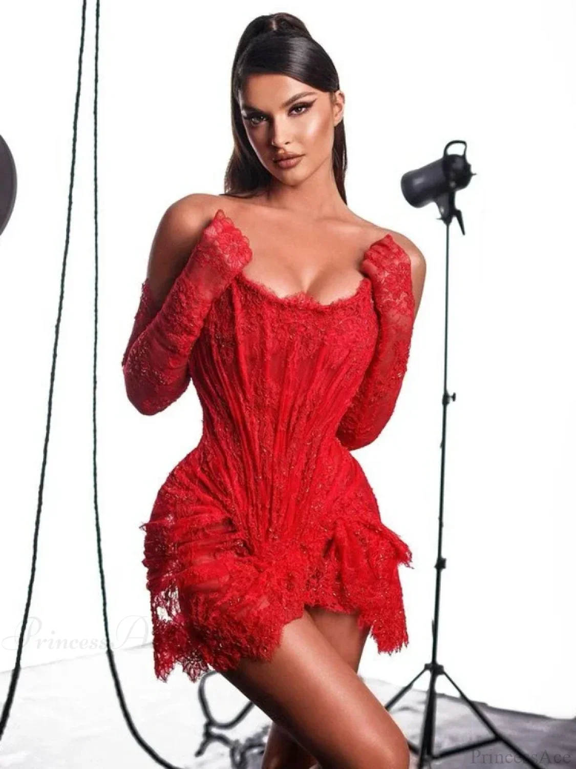 Sexy Strapless Corset Lace Mini Dress Asymmetrical Draped Celebrity Cocktail Party Dress - Image 3