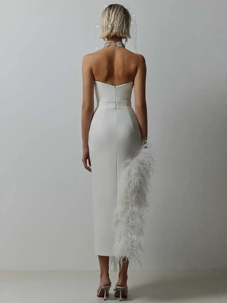 Sexy Strapless Feathers Midi Bandage Black White Backless Party Dress - Image 2