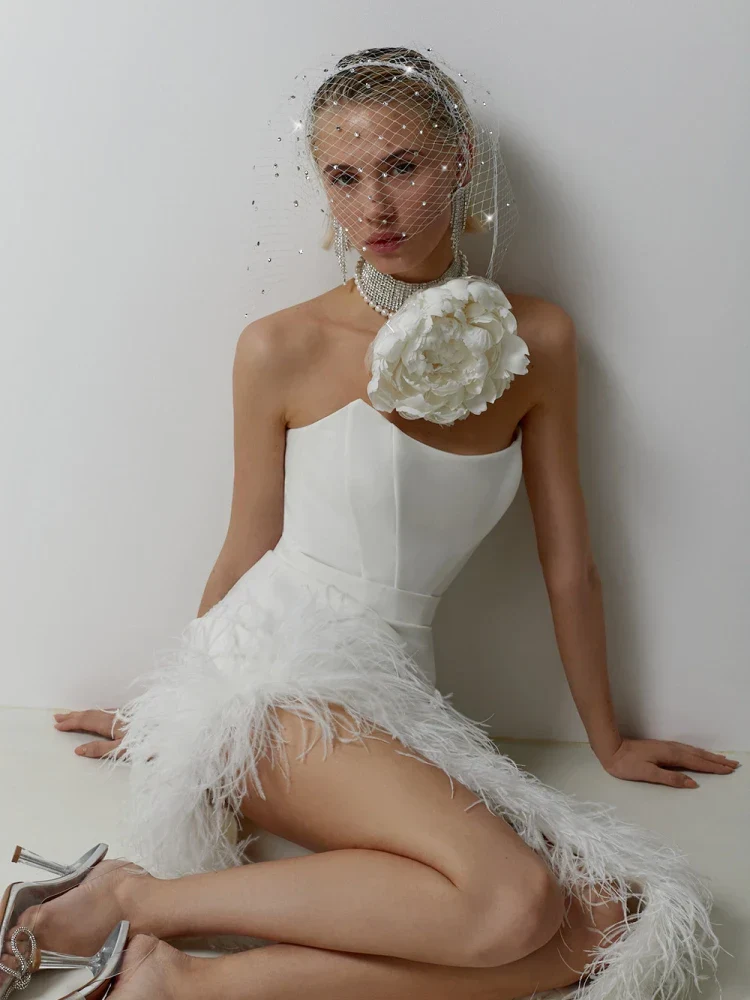 Sexy Strapless Feathers Midi Bandage Black White Backless Party Dress - Image 3