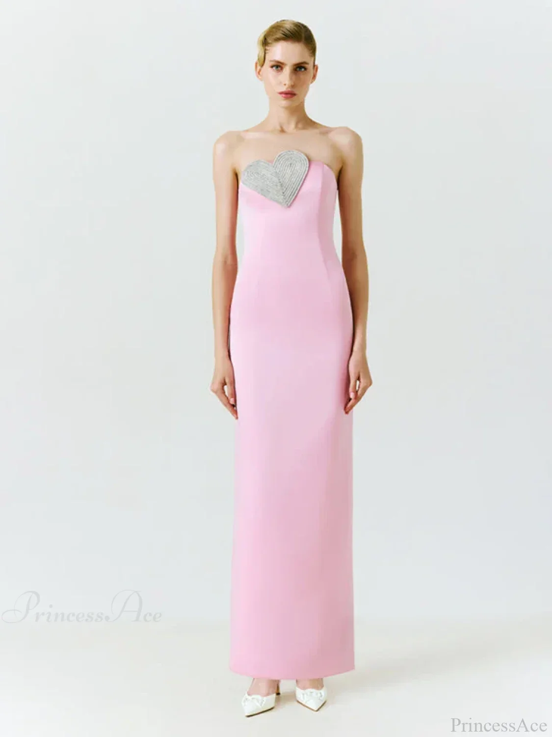Sexy Strapless Heart Crystal Design Long Pink Sleeveless Diamonds Elegant Party Dress - Image 5