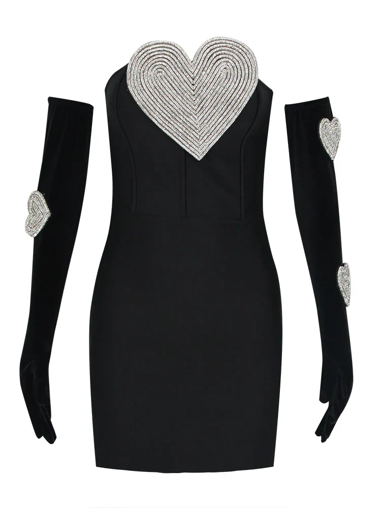 Sexy Strapless Heart Diamonds Bandage Gloves Black Backless Bodycon Party Dress - Image 7