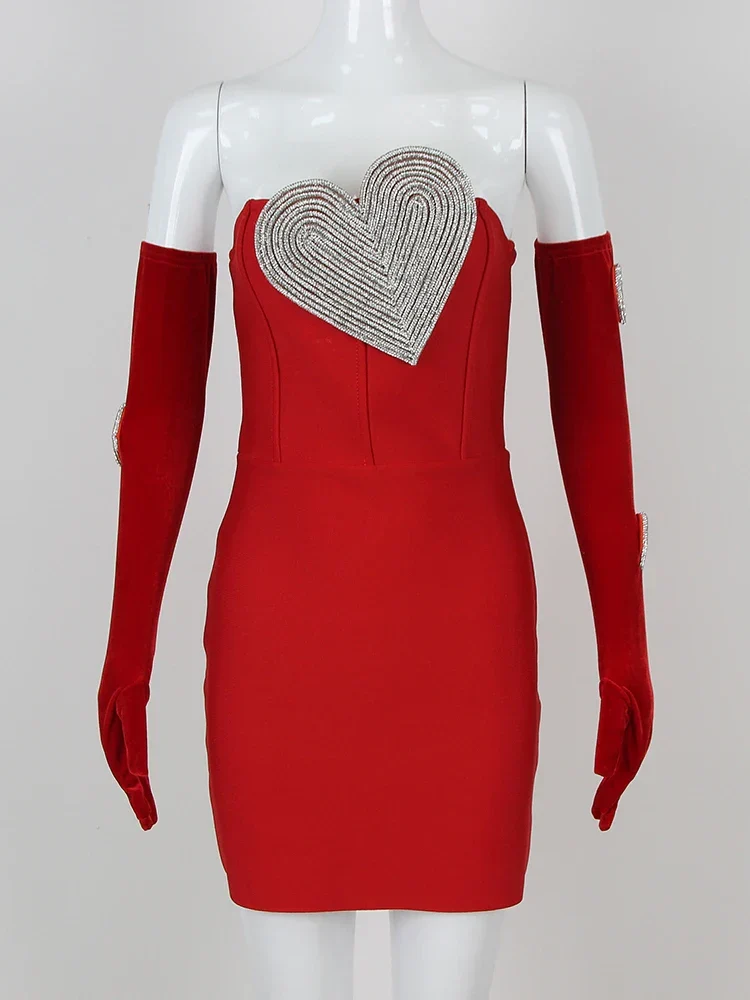 Sexy Strapless Heart Diamonds Bandage Gloves Black Backless Bodycon Party Dress - Image 8