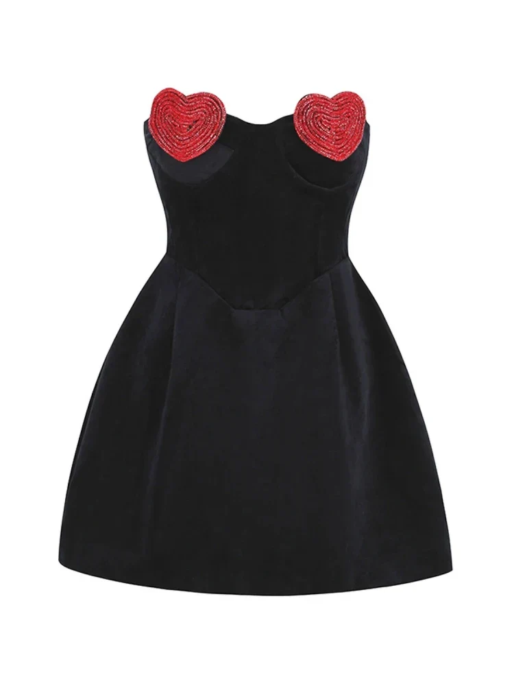 Sexy Strapless Heart Shape Crystal Design Mini Dress Velvet A-Line Party Dress - Image 7