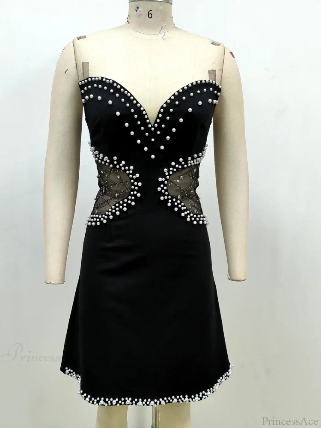 Sexy Strapless Mesh Patchwork Pearl Beaded Mini Black Sleeveless Party Dress - Image 7