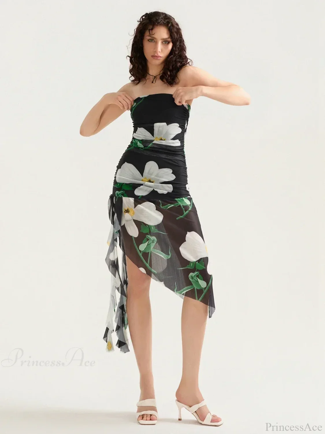 Sexy Strapless Ruffle Tassel Mini Floral Dress