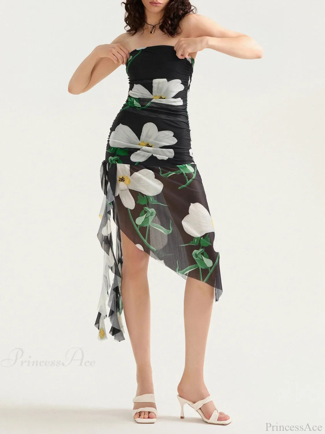 Sexy Strapless Ruffle Tassel Mini Floral Dress - Image 7
