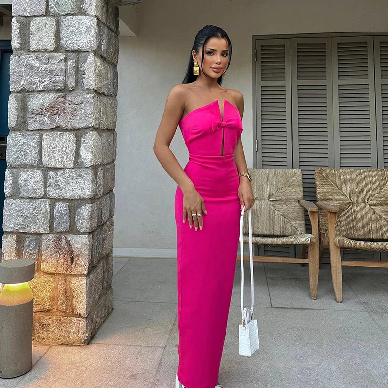 Sexy Strapless Slim Hollow Out Maxi Red Party Dress - Image 4
