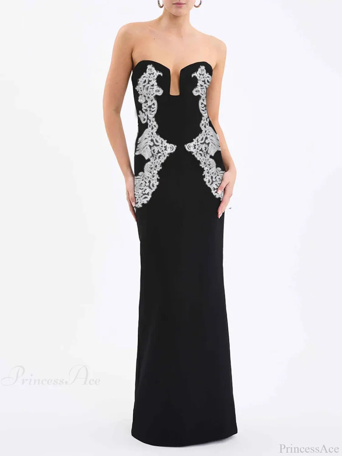 Sexy Strapless V Neck Lace Sequin Design Black Velvet Party Dress - Image 2