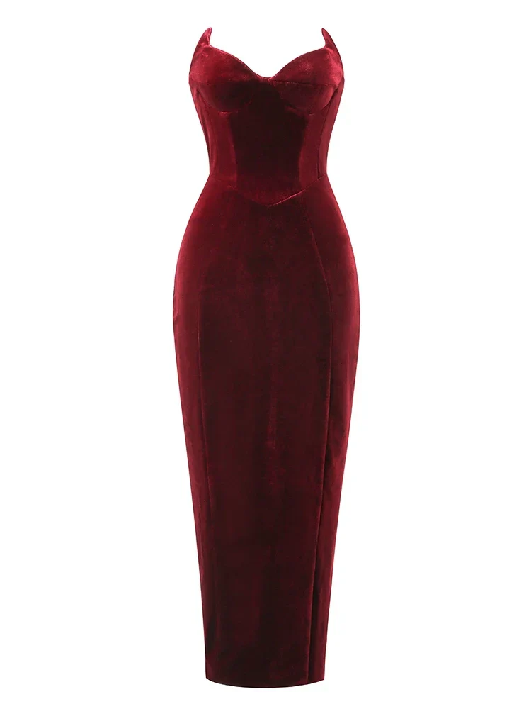Sexy Strapless V Neck Velvet Maxi Dress Women Burgundy Black Party Dress - Image 7