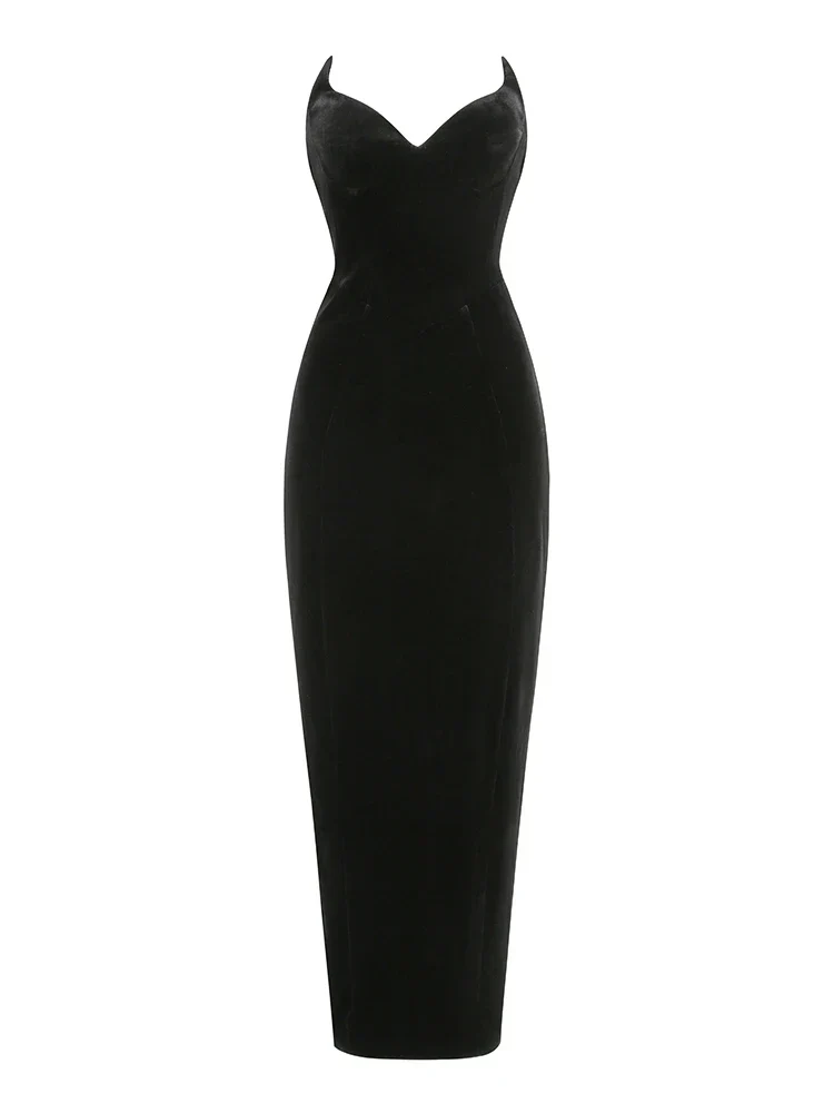 Sexy Strapless V Neck Velvet Maxi Dress Women Burgundy Black Party Dress - Image 8