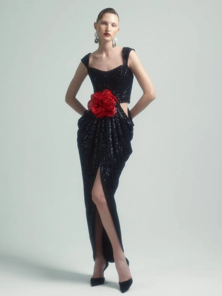 Sexy Straps 3D Flower Shiny Sequins Folds Long Cutout Slim Party Dress - Image 3