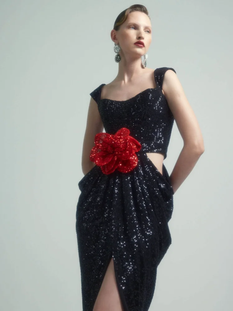 Sexy Straps 3D Flower Shiny Sequins Folds Long Cutout Slim Party Dress - Image 4