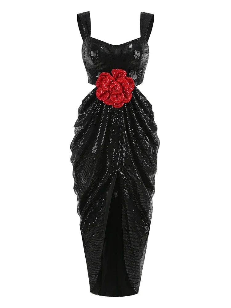 Sexy Straps 3D Flower Shiny Sequins Folds Long Cutout Slim Party Dress - Image 5