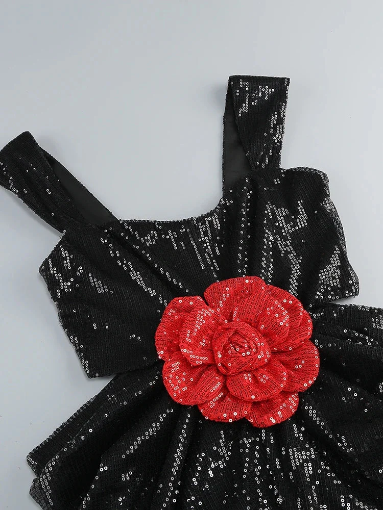 Sexy Straps 3D Flower Shiny Sequins Folds Long Cutout Slim Party Dress - Image 6