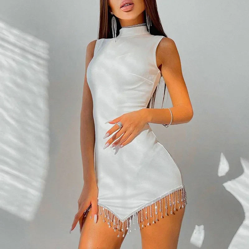 Sexy Summer Contrast Color Rhinestones Mini Dress Women Round Neck Sleeveless Party Dress - Image 4