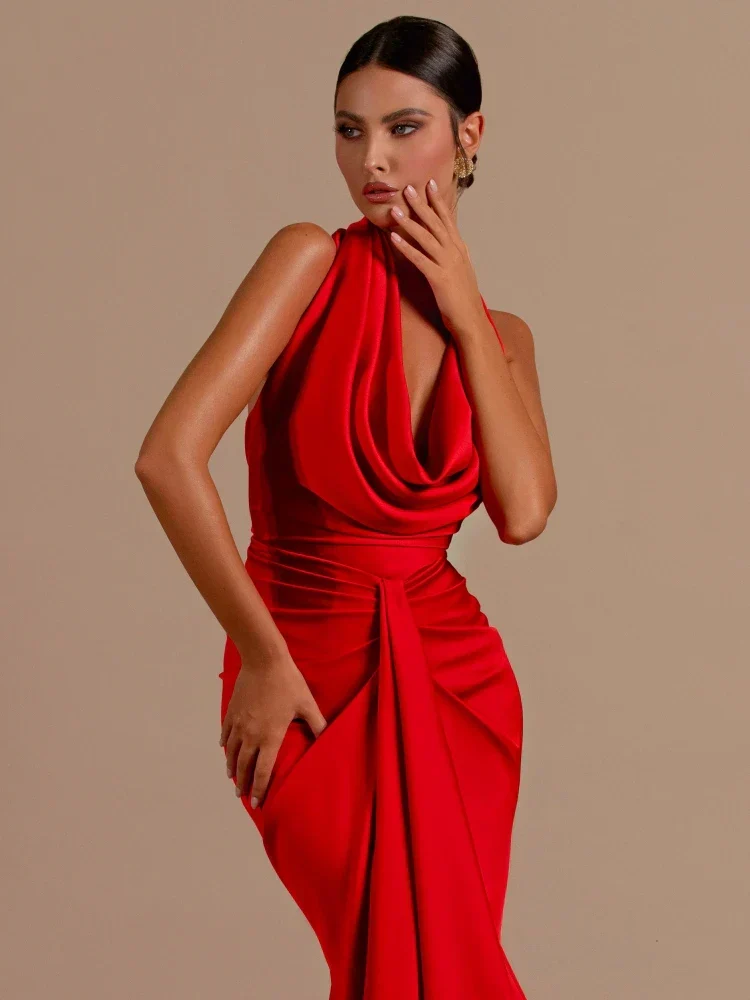 Sexy Swinging Collar Backless Pleated Long Dress Draped Design Party Dress - Image 3
